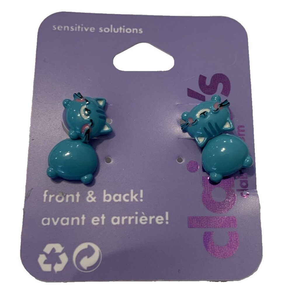 NEW Claire's Blue 3D Cat Earrings Fashion Jewelry Cute Animals Studs